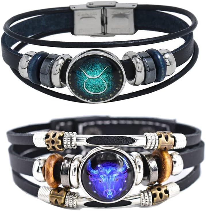 Hewill Store 2Pcs Multilayer Constellation Zodiac Leather Bracelet Handmade Woven Zodiac Sign Wrap Bracelet Wristband for Women Men Jewelry Birthday Gift - Image 1